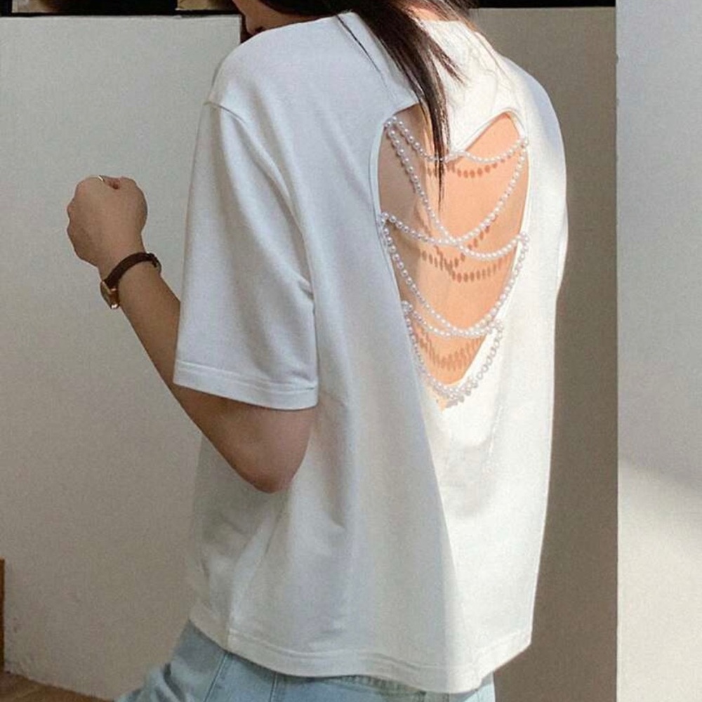 Beautiful pearls details cut out back tee